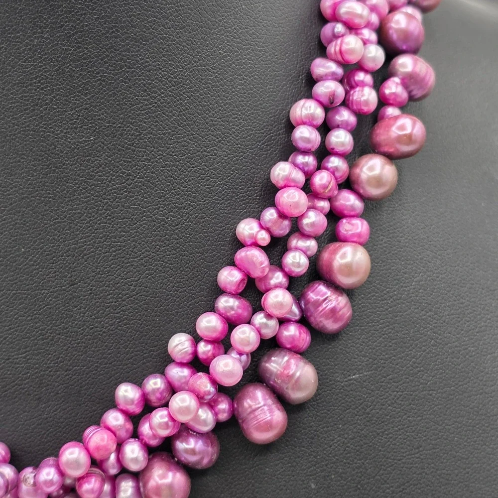 Magenta Pink Multi-Strand Freshwater Pearl Necklace 3-Row Slide Clasp 18in